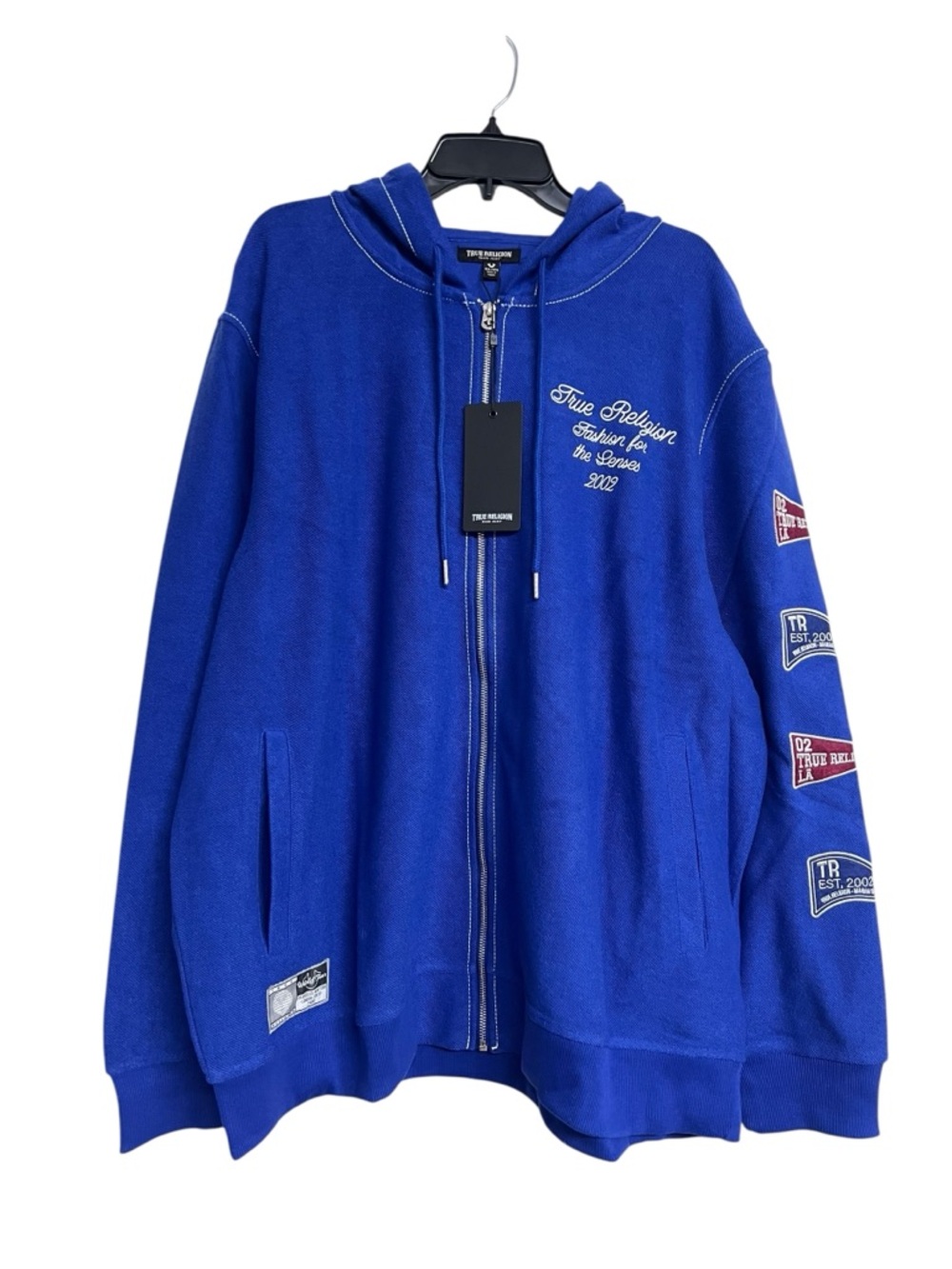 NWT True Religion Reverse Terry Blue‎ Zip-Up Hoodie with Embroidered Details 3X